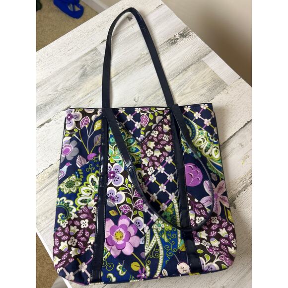 Vera Bradley Plum Petal Fabric Leather Purple Floral Tote Bag Purse Zip Designer - Picture 3 of 6
